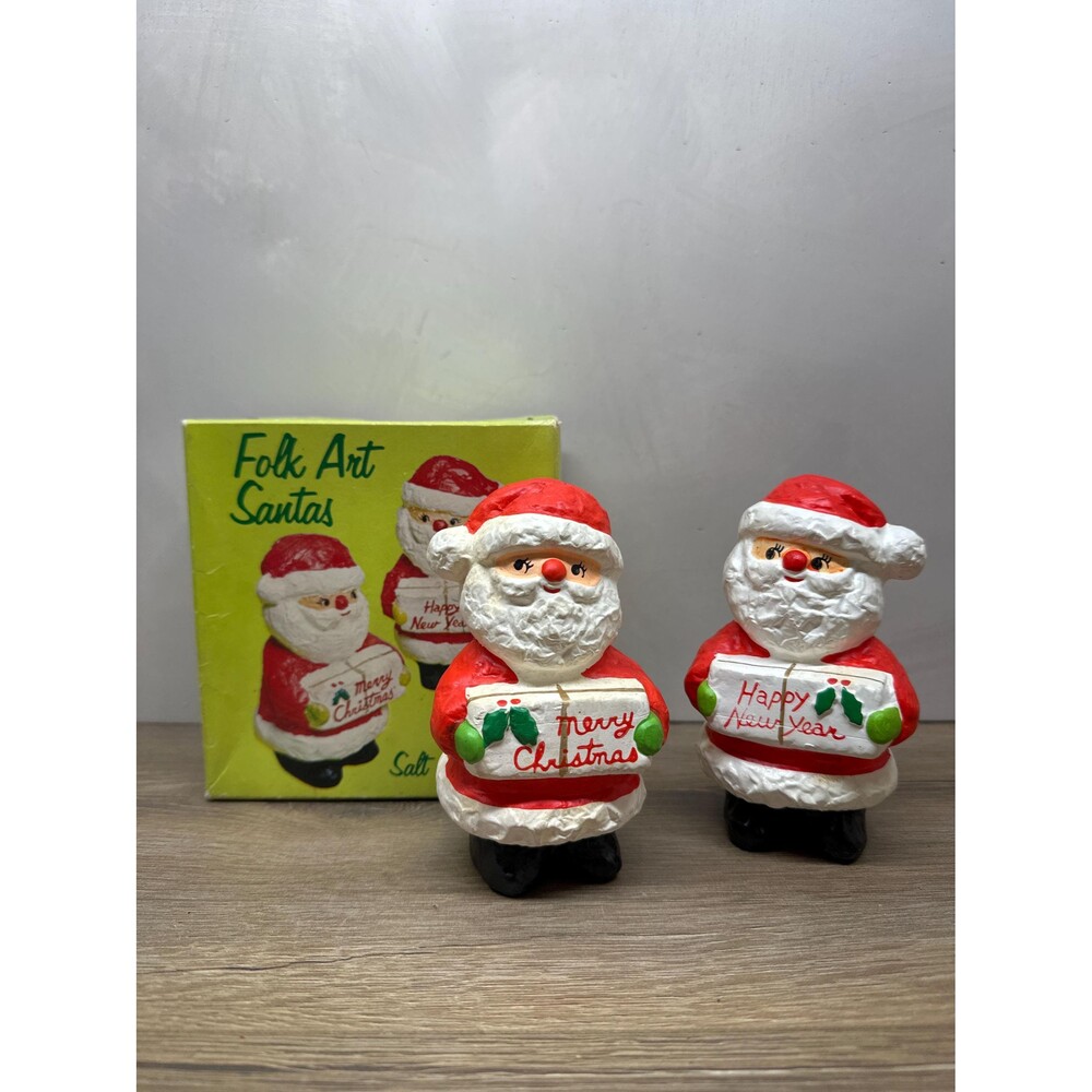 Vintage MCM Japan Folk Art Santas Chalkware Salt and Pepper Shaker Pair NIB 4 In